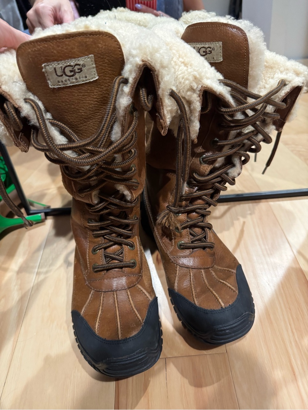 UGG Brown Leather Lace-Up Shearling Winter Boots with Black Rubber Toe